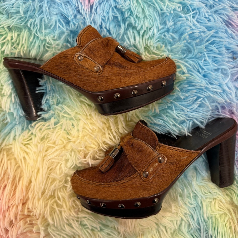 Stuart Weitzman Platform Mules Womens 4.5 Brown Calf Hair Tassel Studded Heel